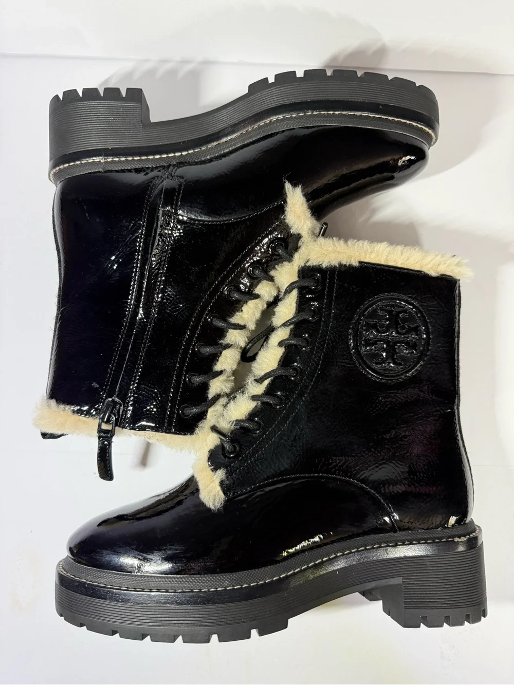 Tory Burch Black Patent Leather Shearling-Trim Combat Boots size5